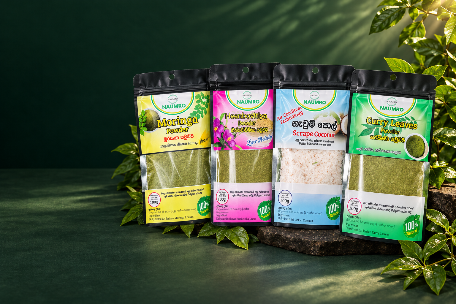 Studio-style arrangement of moringa, Heenbovitiya, coconut and curry leaves packets